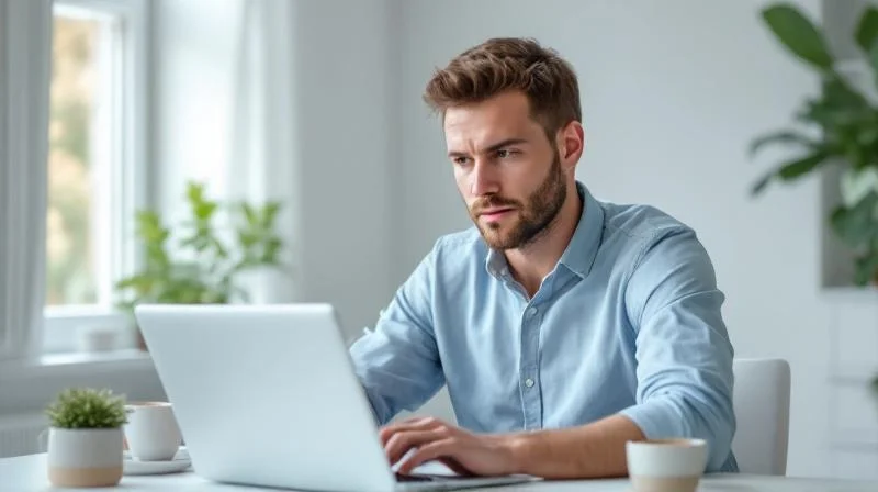 Mann in hellem Hemd arbeitet konzentriert an einem Laptop in einer modernen Lübecker Wohnung