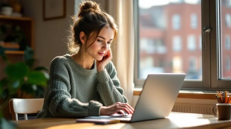 Frau arbeitet konzentriert am Laptop in einem hellen Raum mit Blick auf Lübecker Backsteinarchitektur
